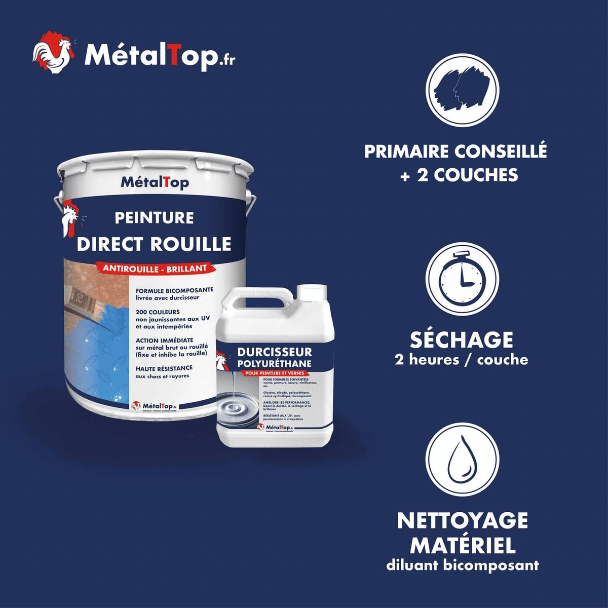 Présentation de la gamme Peinture directrouille Métaltop avec conditionnement et conseils d’application