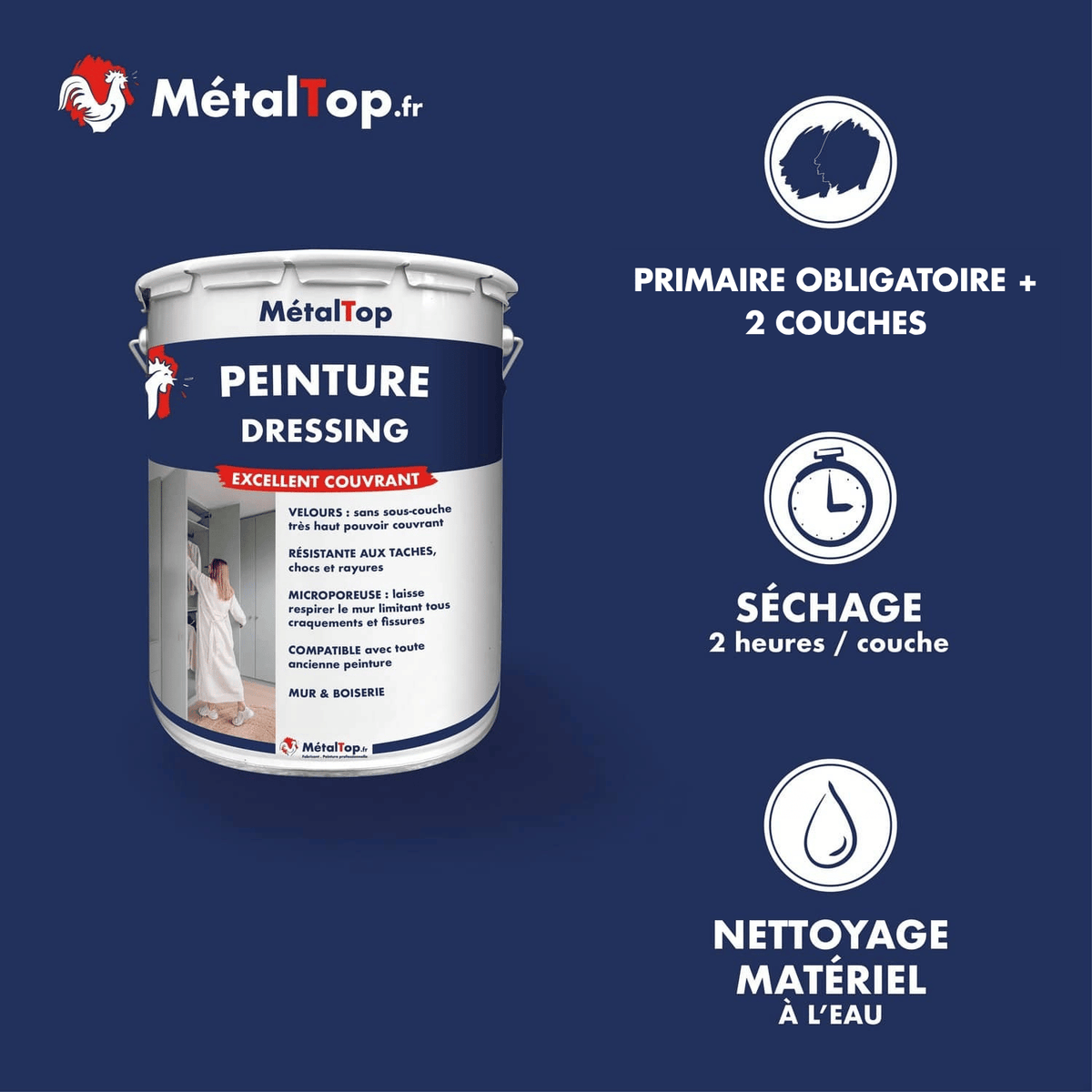 Présentation de la gamme Peinture dressing Métaltop avec conditionnement et conseils d’application