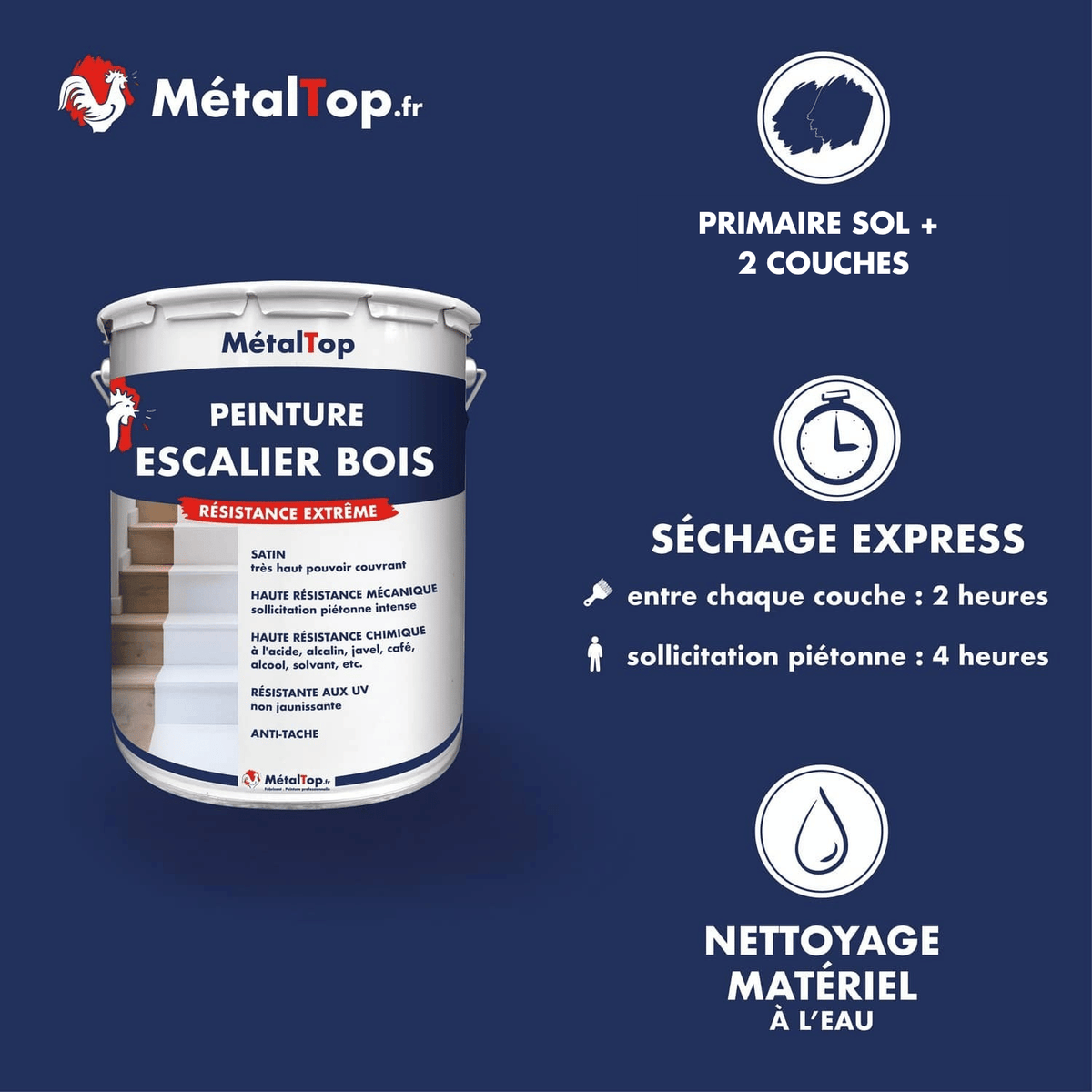 Pot de peinture MétalTop Escalier Bois, résistance extrême, finition satin blanche
