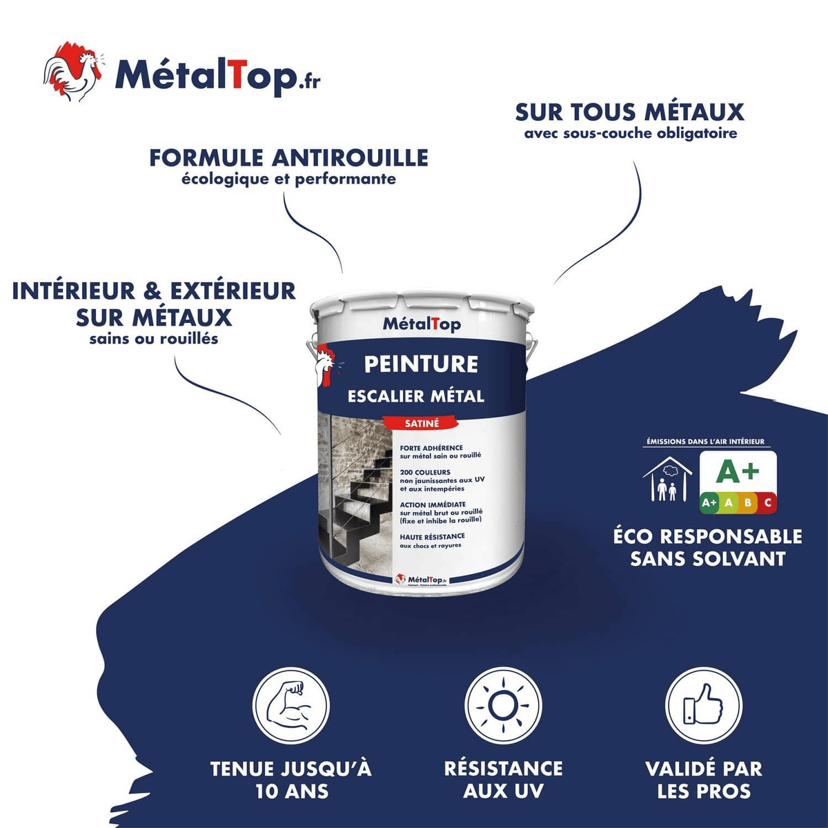 Pot de peinture MétalTop escalier métal satiné, formule antirouille intérieur et extérieur
