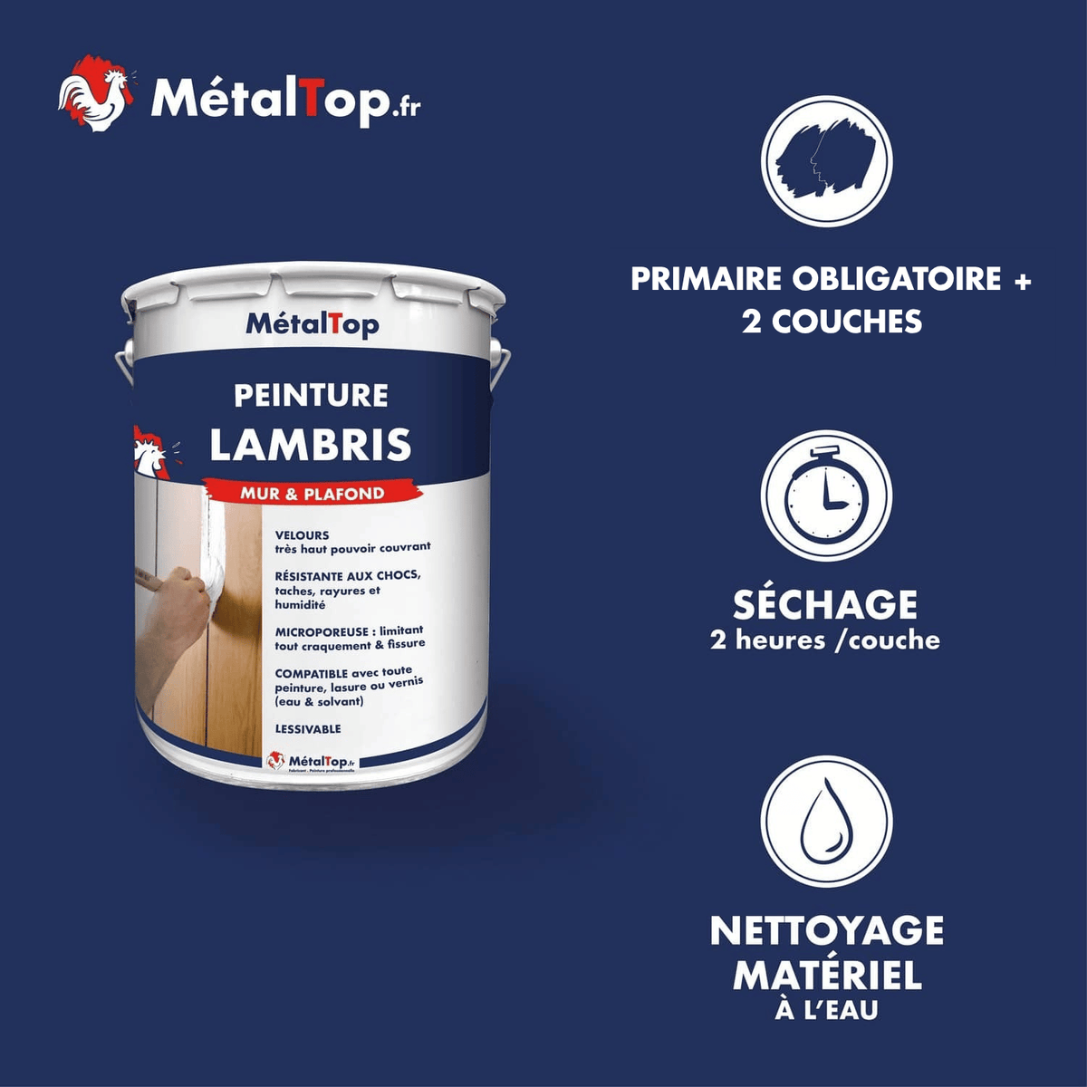 Présentation de la gamme Peinture lambris Métaltop avec conditionnement et conseils d’application