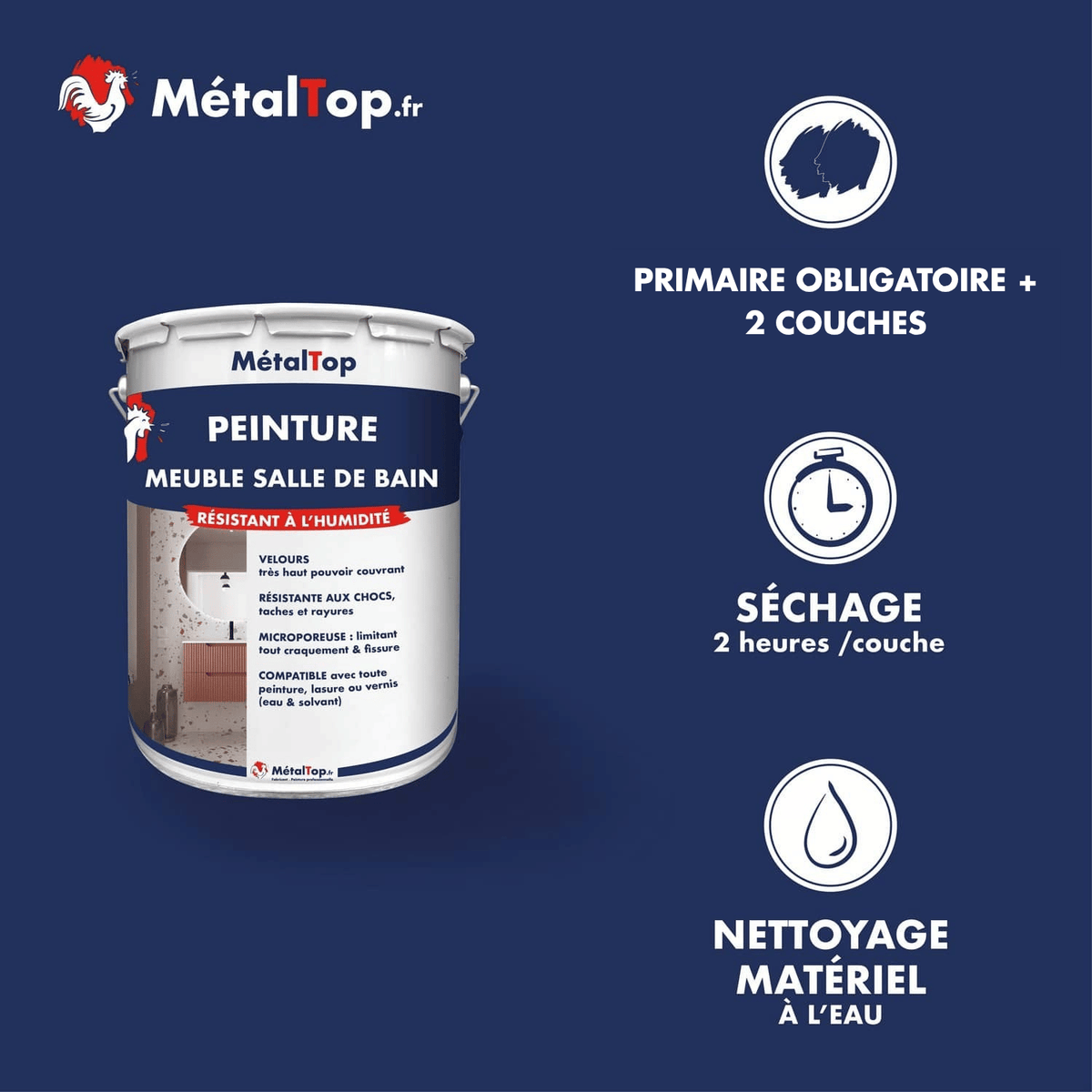 Présentation de la gamme Peinture meublesalledebain Métaltop avec conditionnement et conseils d’application