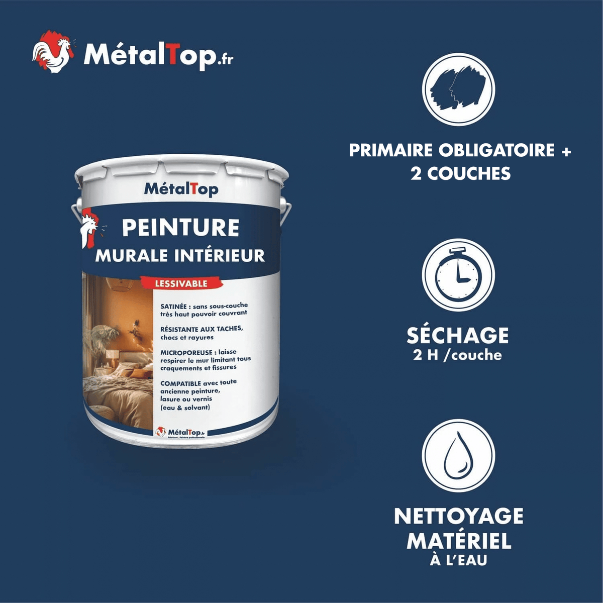 Présentation de la gamme Peinture muraleinterieur Métaltop avec conditionnement et conseils d’application
