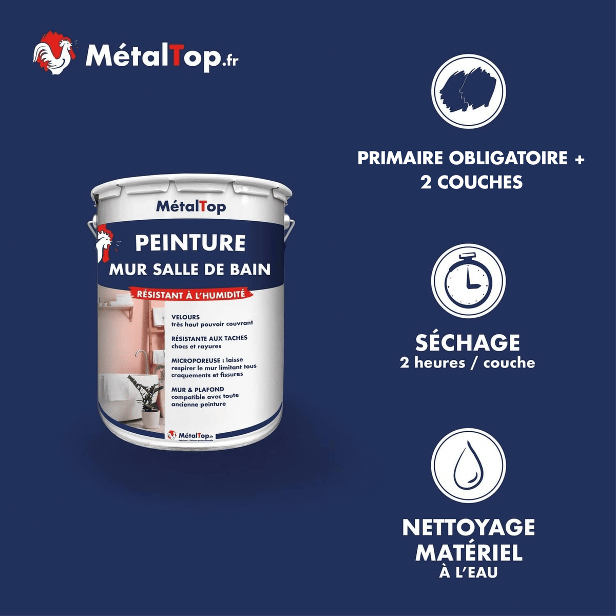 Présentation de la gamme Peinture mursalledebain Métaltop avec conditionnement et conseils d’application