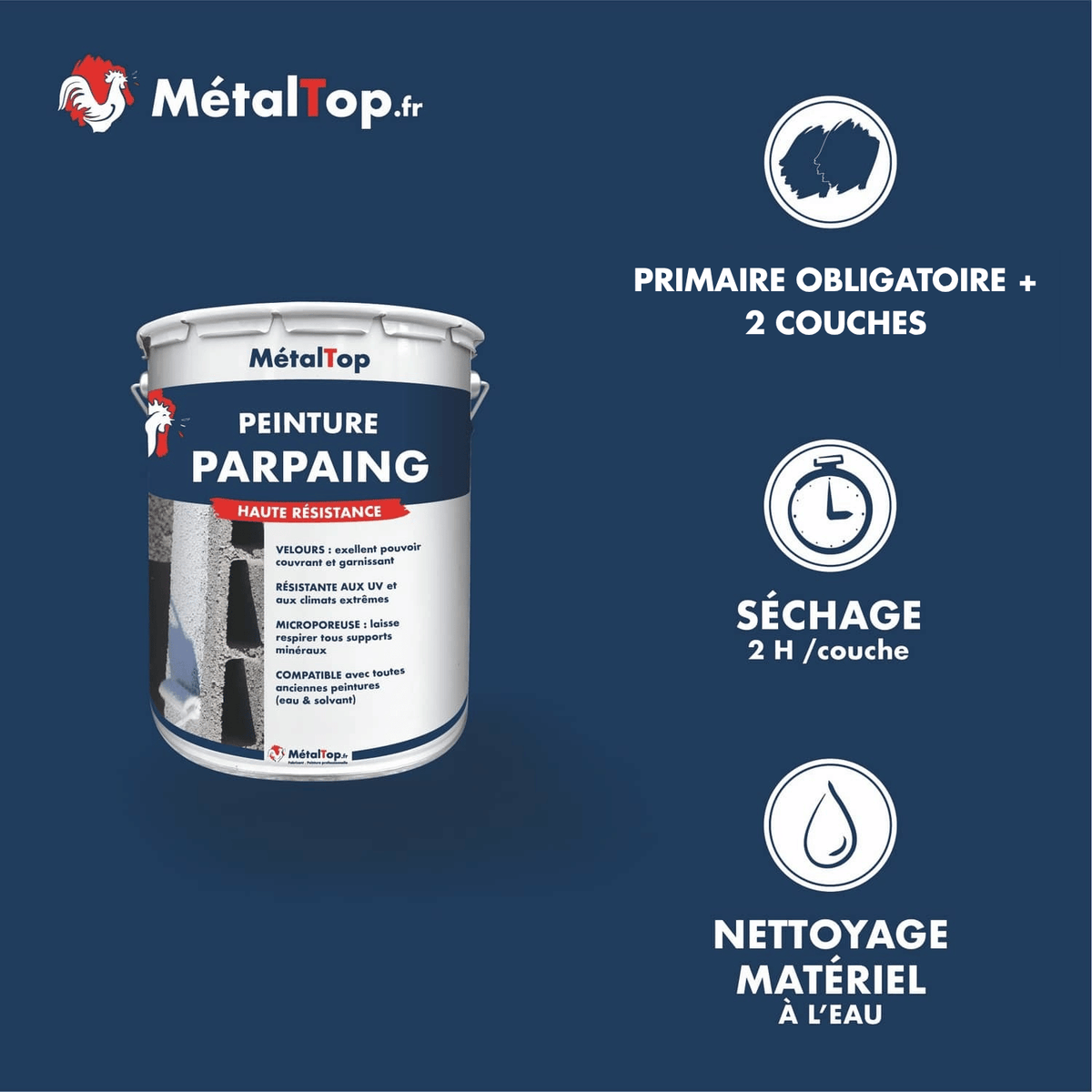 Présentation de la gamme Peinture parpaing Métaltop avec conditionnement et conseils d’application