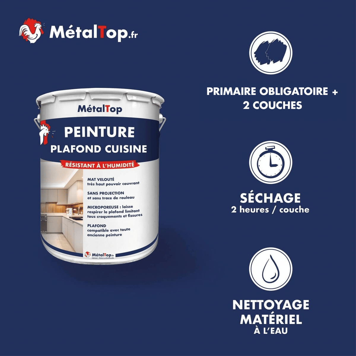 Présentation de la gamme Peinture plafondcuisine Métaltop avec conditionnement et conseils d’application