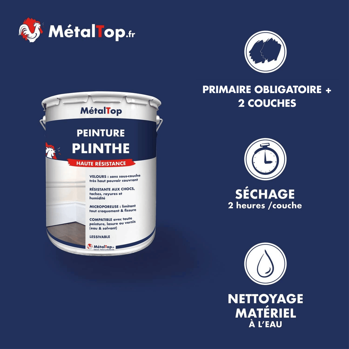 Présentation de la gamme Peinture plinthe Métaltop avec conditionnement et conseils d’application