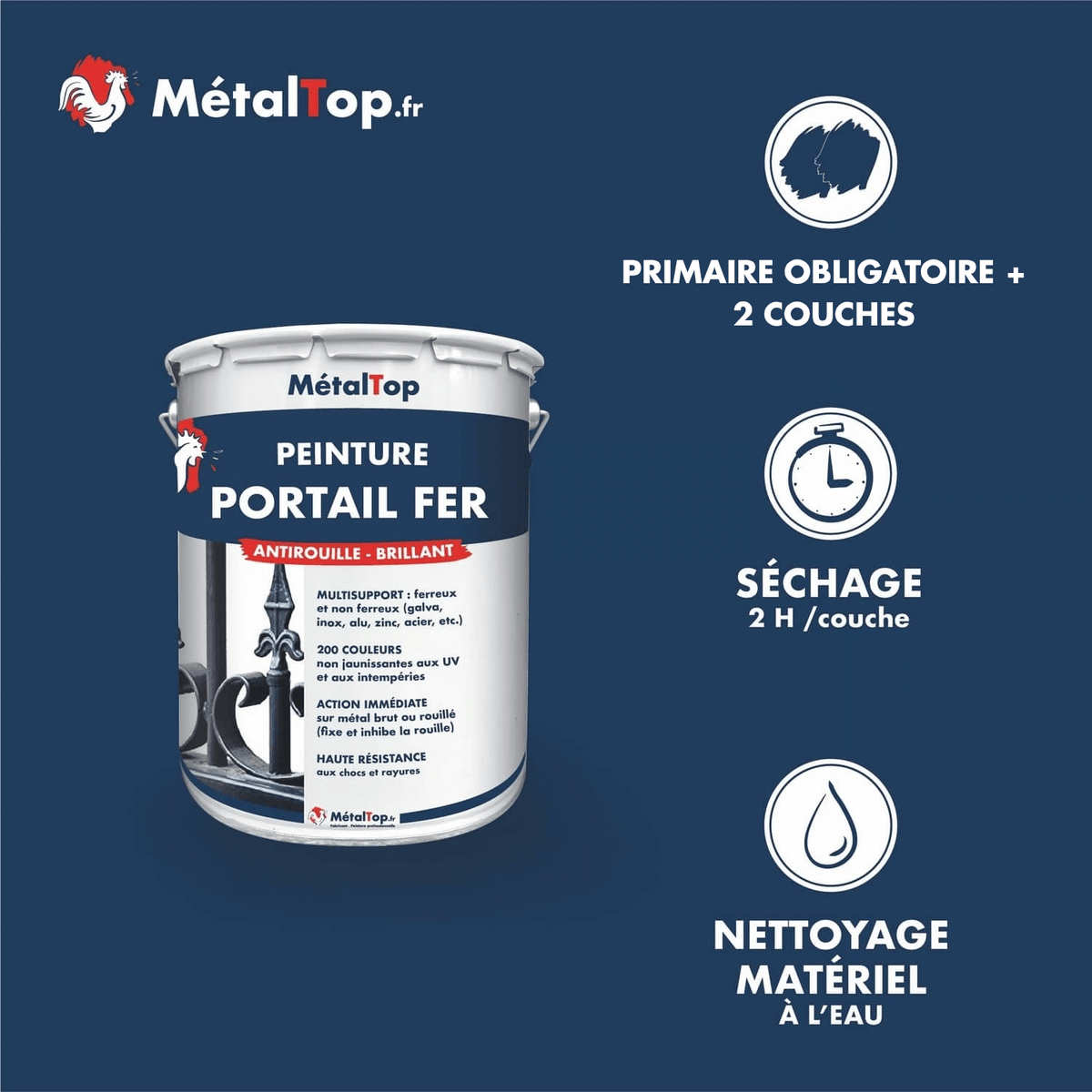 Présentation de la gamme Peinture portailfer Métaltop avec conditionnement et conseils d’application