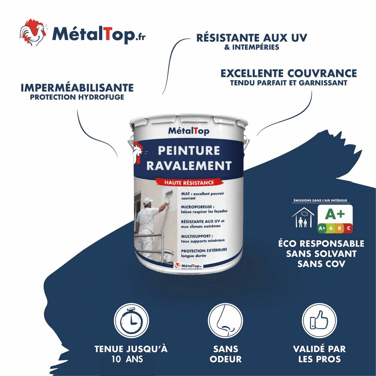 Visuel de présentation de la Peinture Ravalement Métaltop avec pot et informations sur le produit