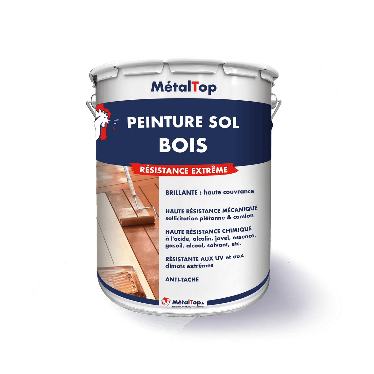 Pot de peinture MétalTop pour sol bois à résistance extrême, application au rouleau sur plancher