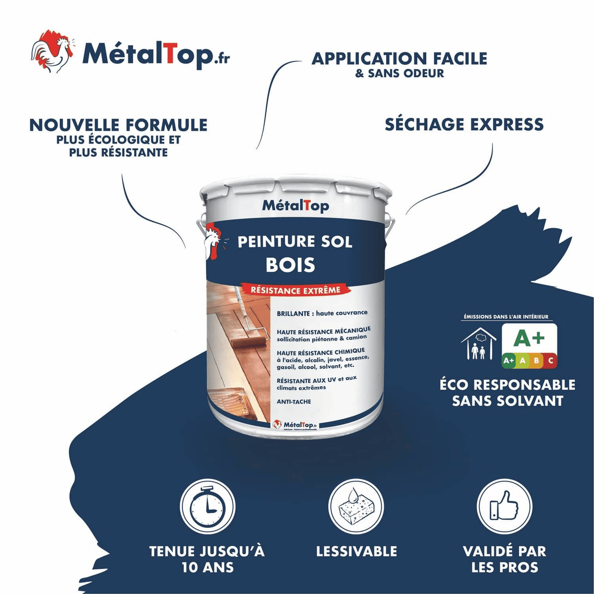 Pot de peinture sol bois MétalTop à résistance extrême, éco-responsable et sans solvant