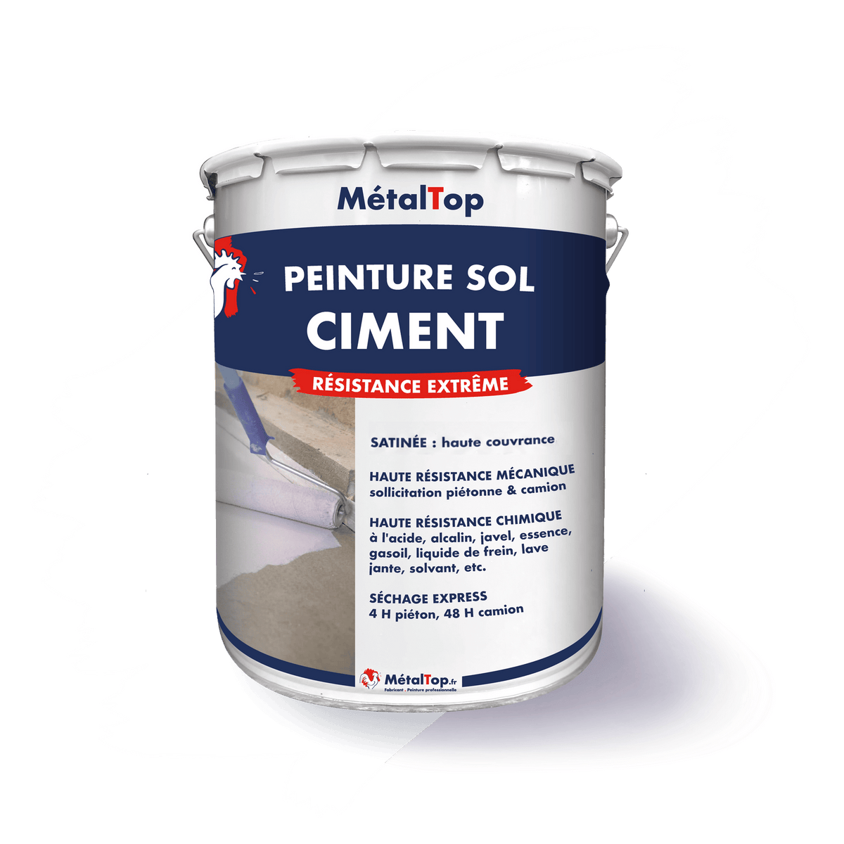 Pot de peinture sol ciment MétalTop, résistance extrême, application au rouleau sur sol béton