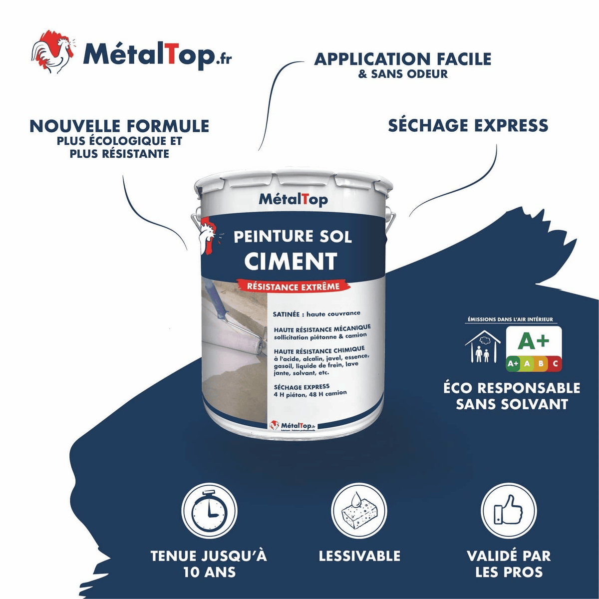 Pot de peinture sol ciment MétalTop, résistance extrême, satinée, séchage express