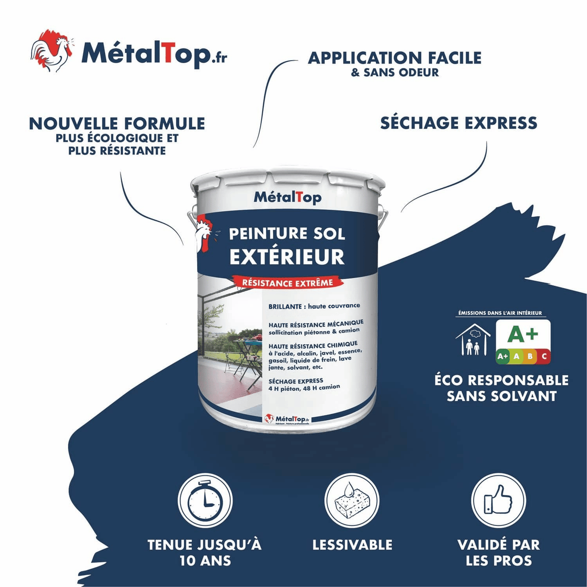 Pot de peinture sol extérieur MétalTop, résistance extrême, séchage express et sans solvant