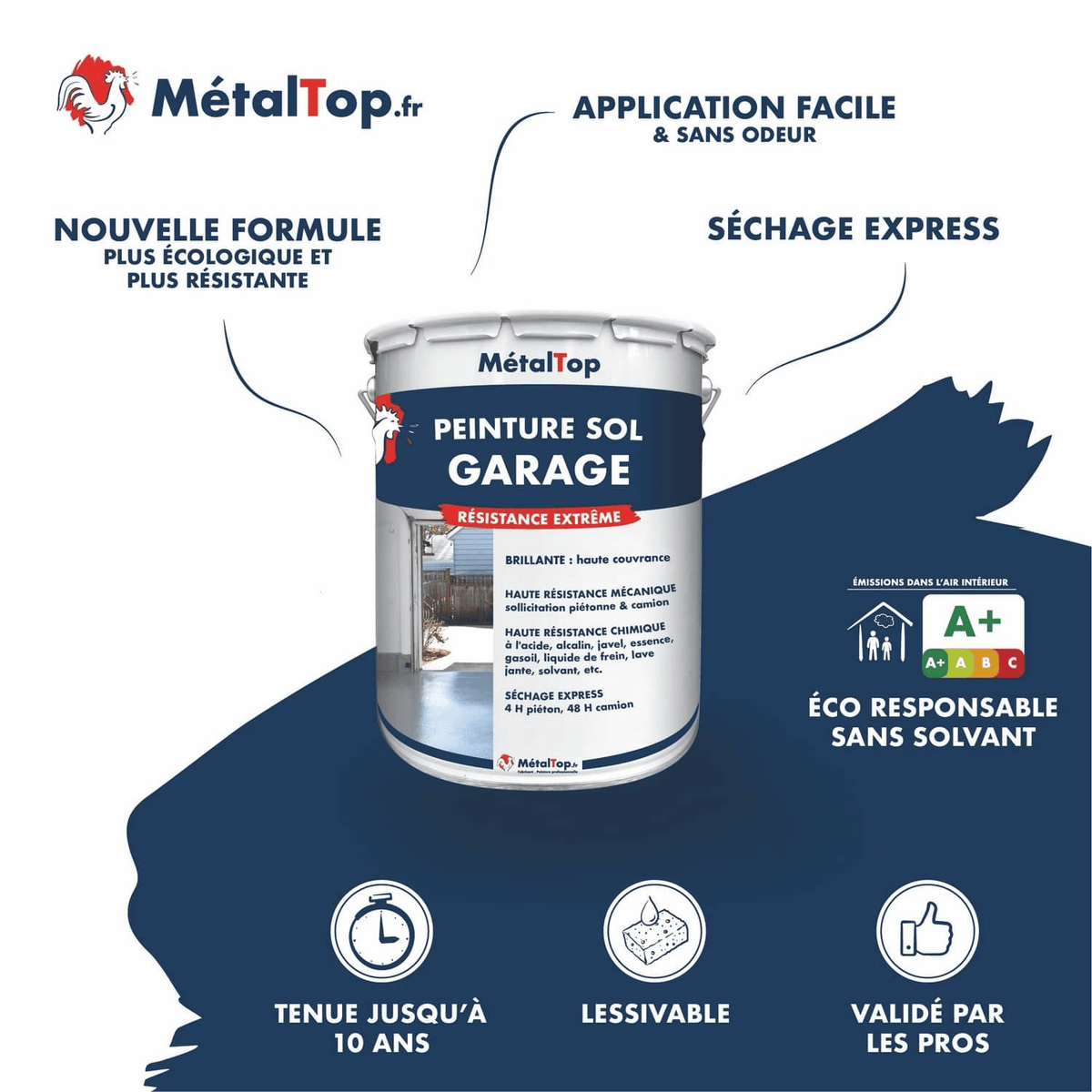 Pot de peinture sol garage MétalTop, résistance extrême, brillante, séchage express, sans solvant