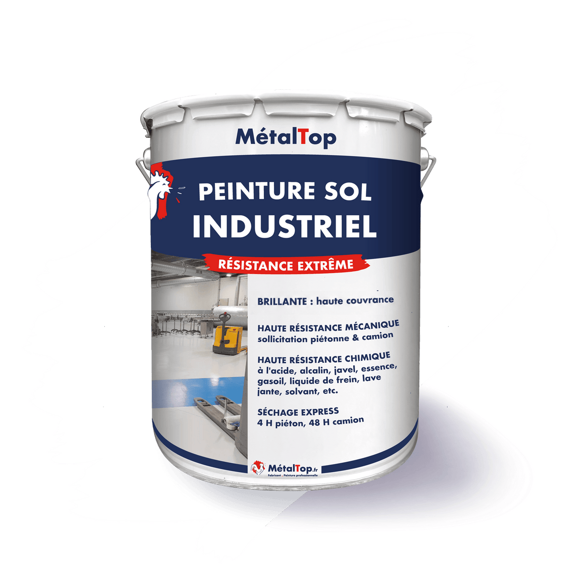 Pot de peinture sol industriel MétalTop bleu marine et blanc, avec entrepôt en arrière-plan