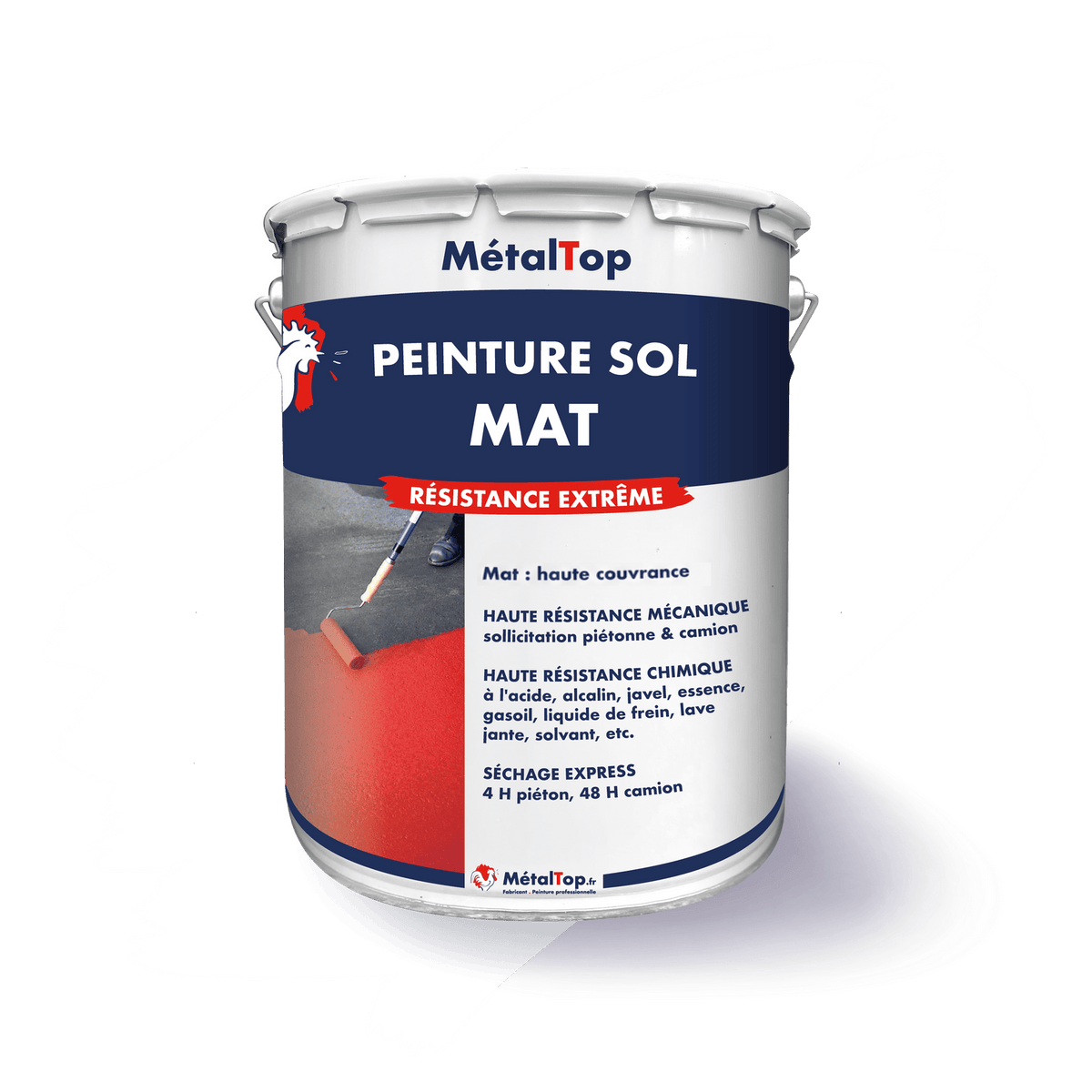Pot de peinture sol mat MétalTop résistance extrême, application au rouleau sur sol rouge