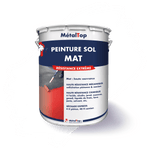 Pot de peinture sol mat MétalTop résistance extrême, application au rouleau sur sol rouge