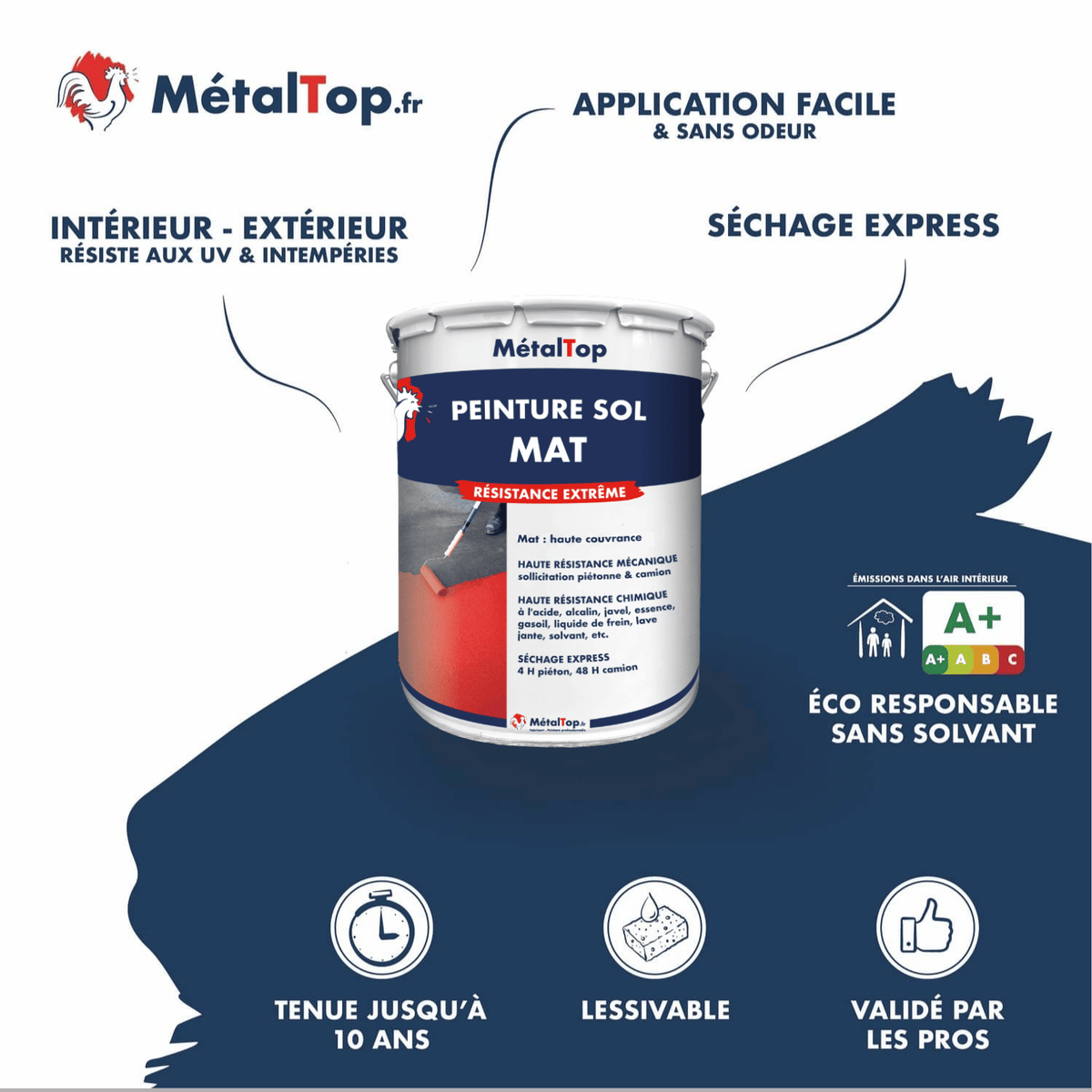Pot de peinture sol mat MétalTop, résistance extrême, intérieur et extérieur, séchage express
