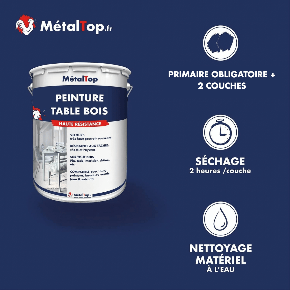 Présentation de la gamme Peinture tablebois Métaltop avec conditionnement et conseils d’application