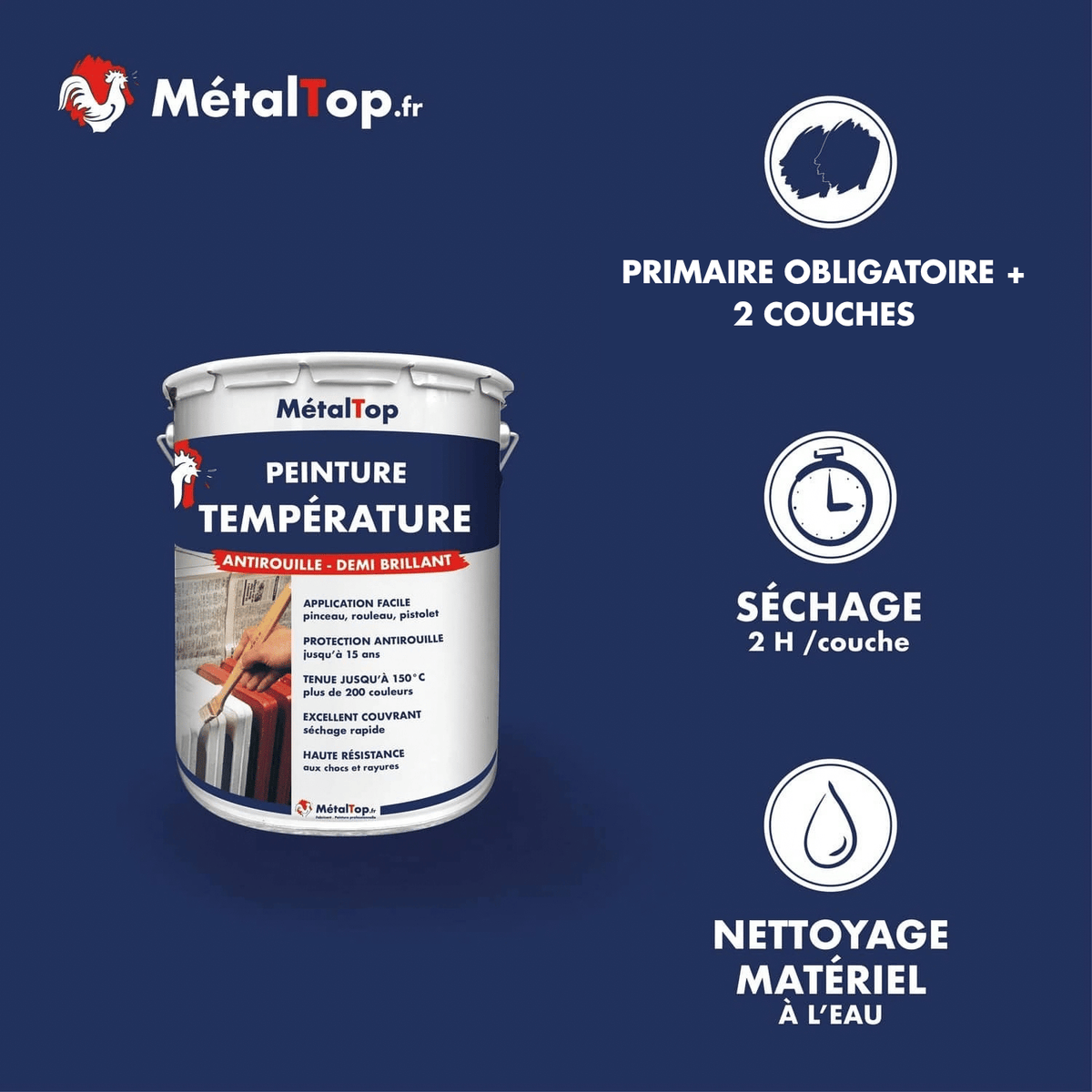 Présentation de la gamme Peinture temperature Métaltop avec conditionnement et conseils d’application