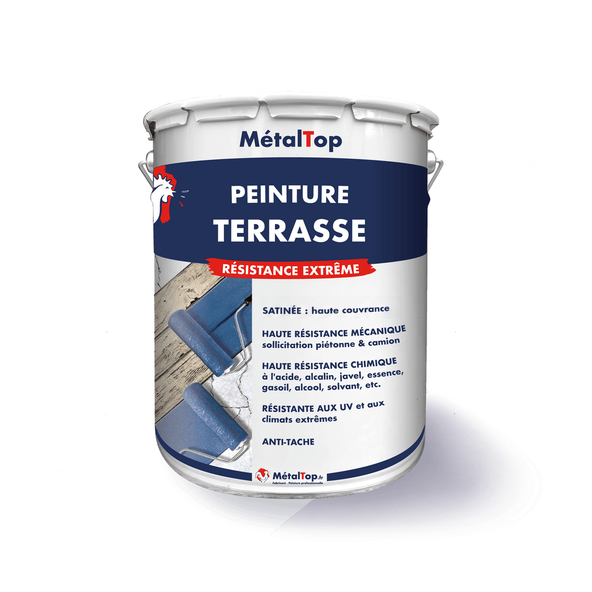 Pot de peinture terrasse MétalTop à résistance extrême, illustré de rouleaux bleus sur bois et béton