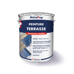 Pot de peinture terrasse MétalTop à résistance extrême, illustré de rouleaux bleus sur bois et béton