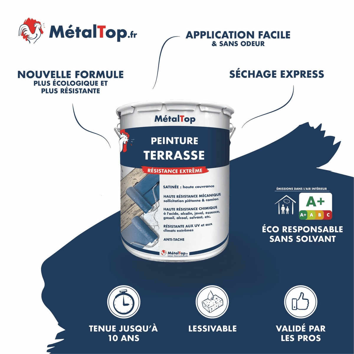 Pot de peinture terrasse MétalTop bleu marine, résistance extrême, satinée et sans solvant