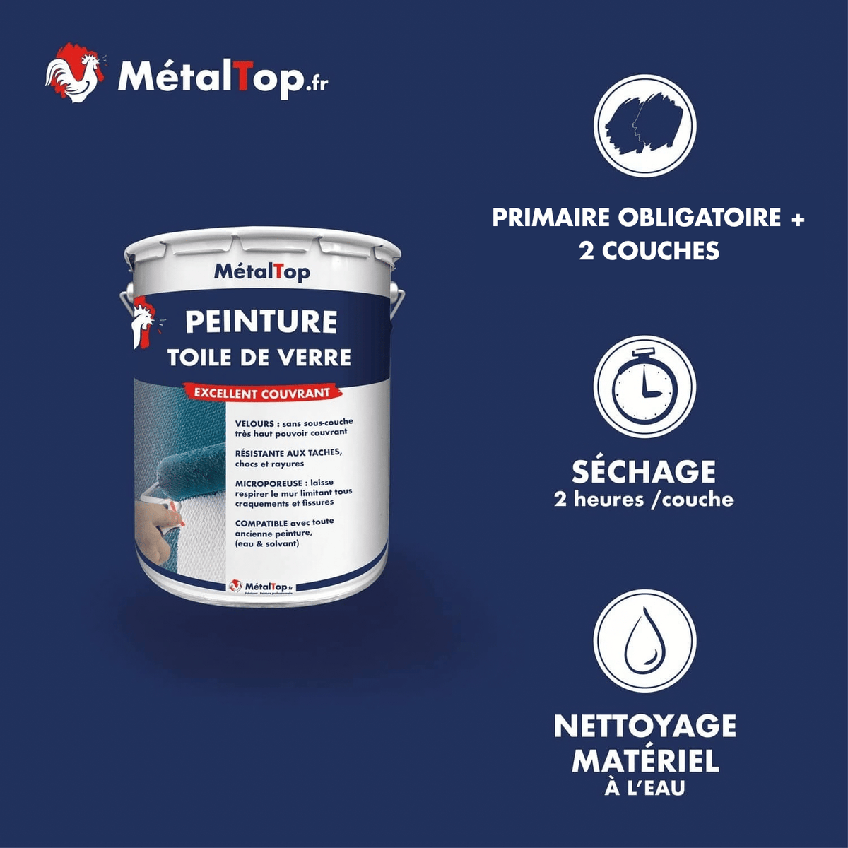 Présentation de la gamme Peinture toiledeverre Métaltop avec conditionnement et conseils d’application