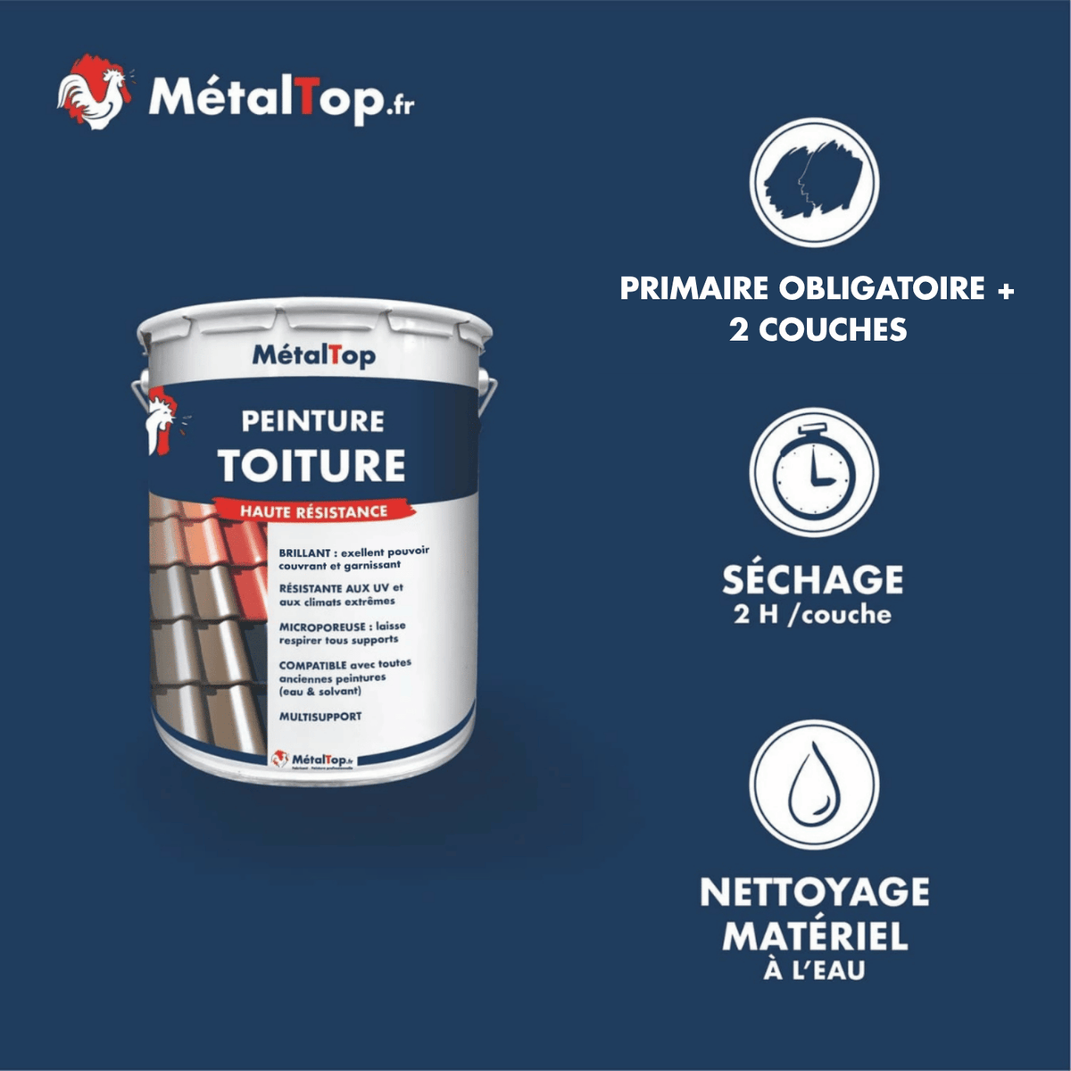Présentation de la gamme Peinture toiture Métaltop avec conditionnement et conseils d’application