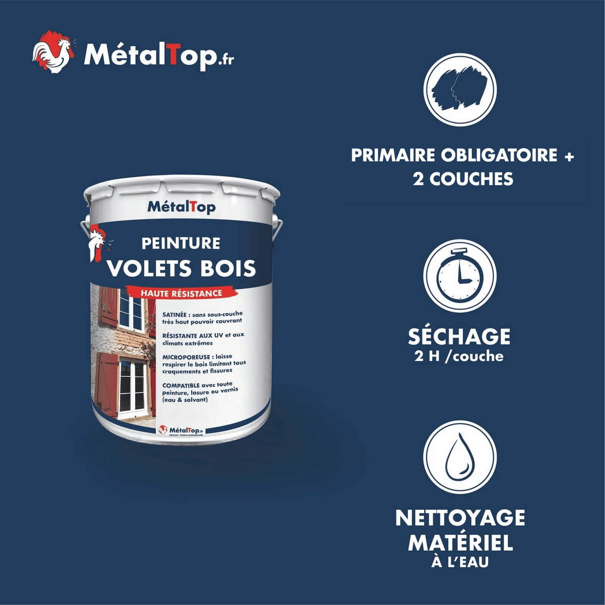 Présentation de la gamme Peinture voletsbois Métaltop avec conditionnement et conseils d’application