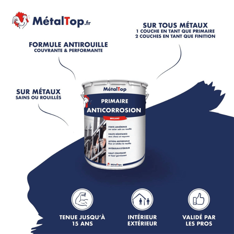 Pot de primaire anticorrosion MétalTop brillant, bleu marine, pour métaux sains ou rouillés