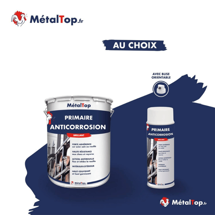 Pot de primaire anticorrosion MétalTop brillant et bombe aérosol blanche sur fond bleu marine
