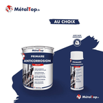 Pot de primaire anticorrosion MétalTop brillant et bombe aérosol blanche sur fond bleu marine