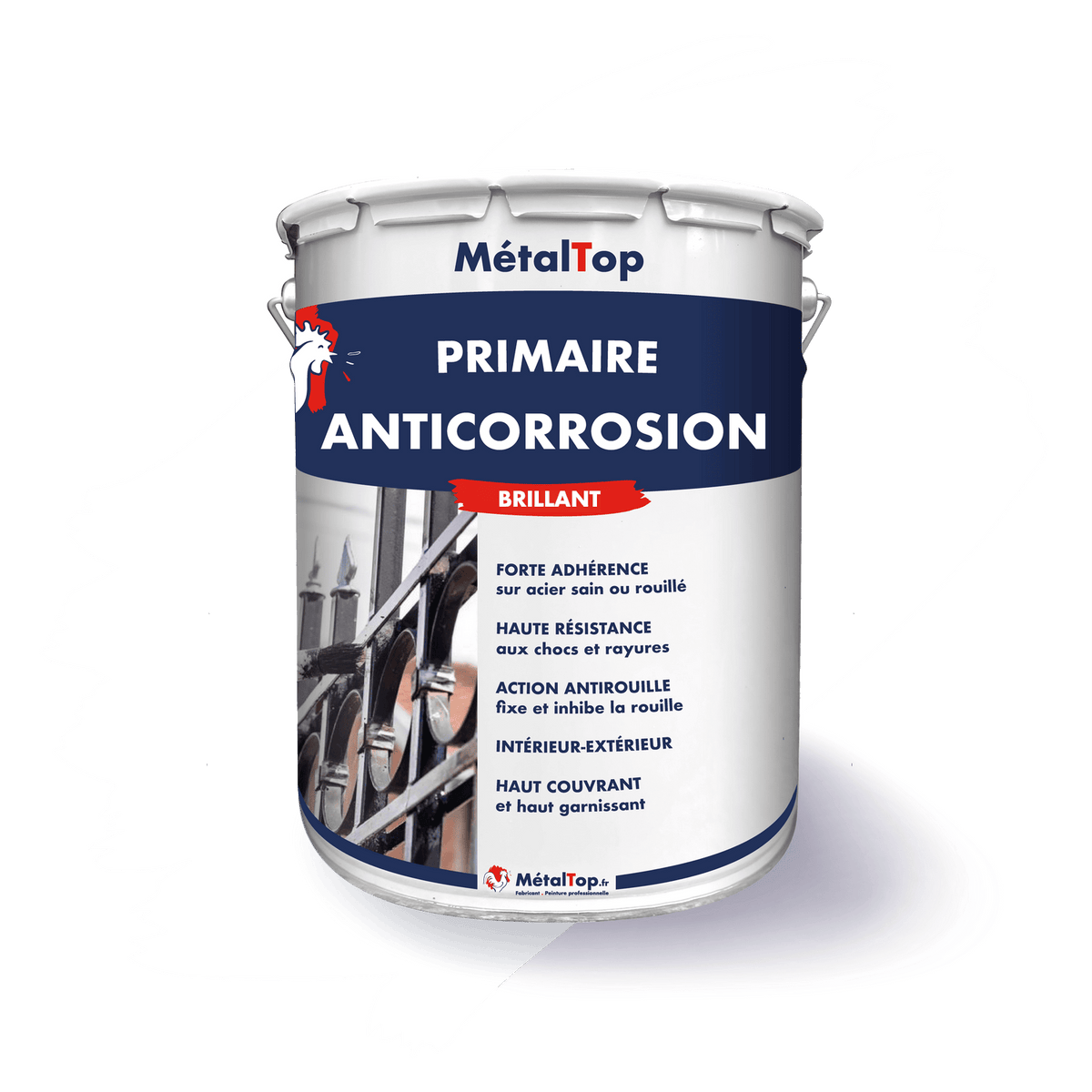 Pot de primaire anticorrosion MétalTop brillant, étiquette bleu marine et blanche