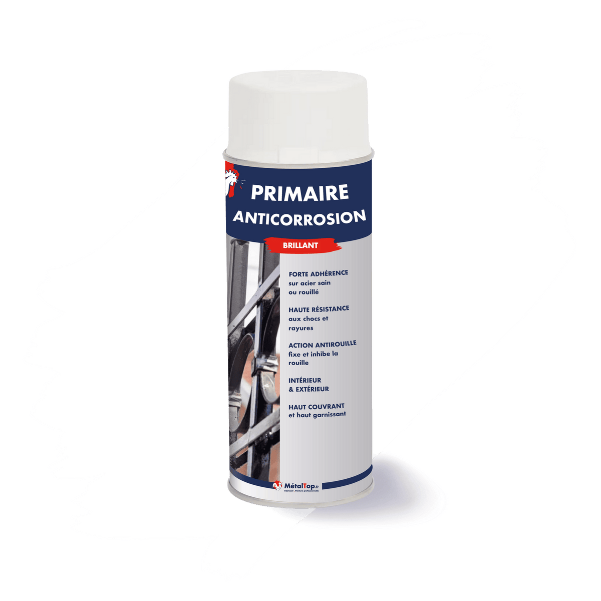 Aérosol de primaire anticorrosion brillant MétalTop, étiquette bleue et blanche, capuchon blanc