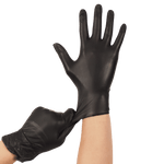 Main gantée de noir paume ouverte, l'autre main tirant le poignet d'un gant en nitrile noir