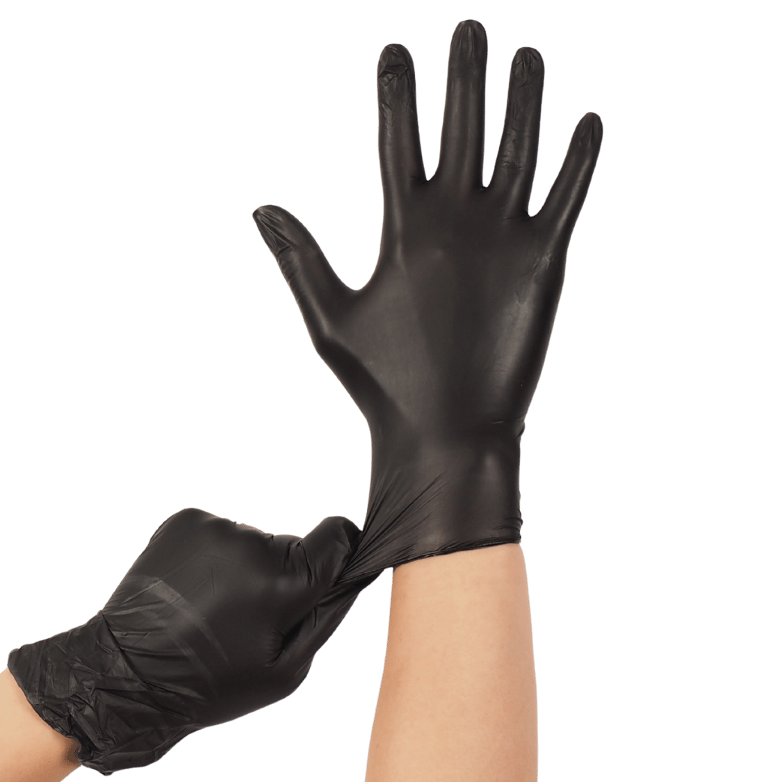 Main gantée de noir paume ouverte, l'autre main tirant le poignet d'un gant en nitrile noir